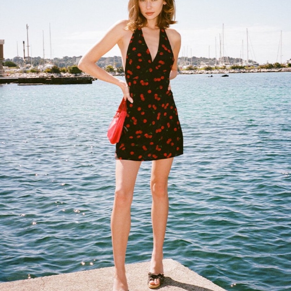 Reformation Par Black Halter Mini Dress with Red Cherry Print